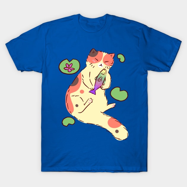 Calico Cat Hugging a Fish T-Shirt by saradaboru